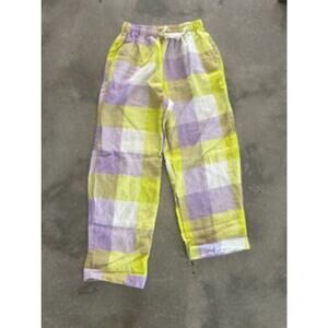 SOCIETY OF WANDERERS FRENCH FLAX LINEN PANTS LILAC LIME LAGENLOOK ART TO WEAR